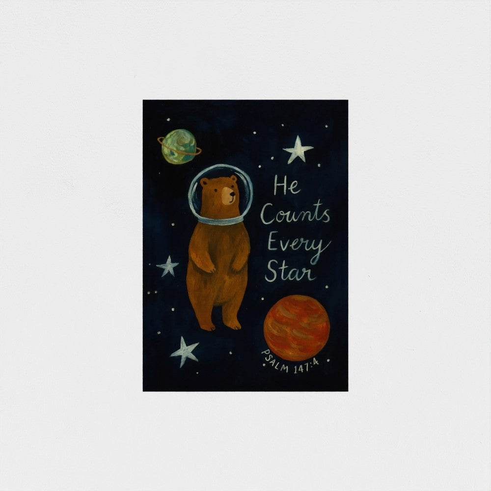 "He Counts Every Star" Astronaut Bear Kids Faith Art Print - Psalm 147:4