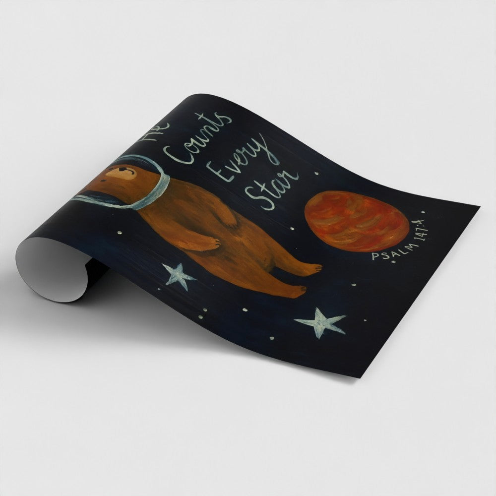 "He Counts Every Star" Astronaut Bear Kids Faith Art Print - Psalm 147:4