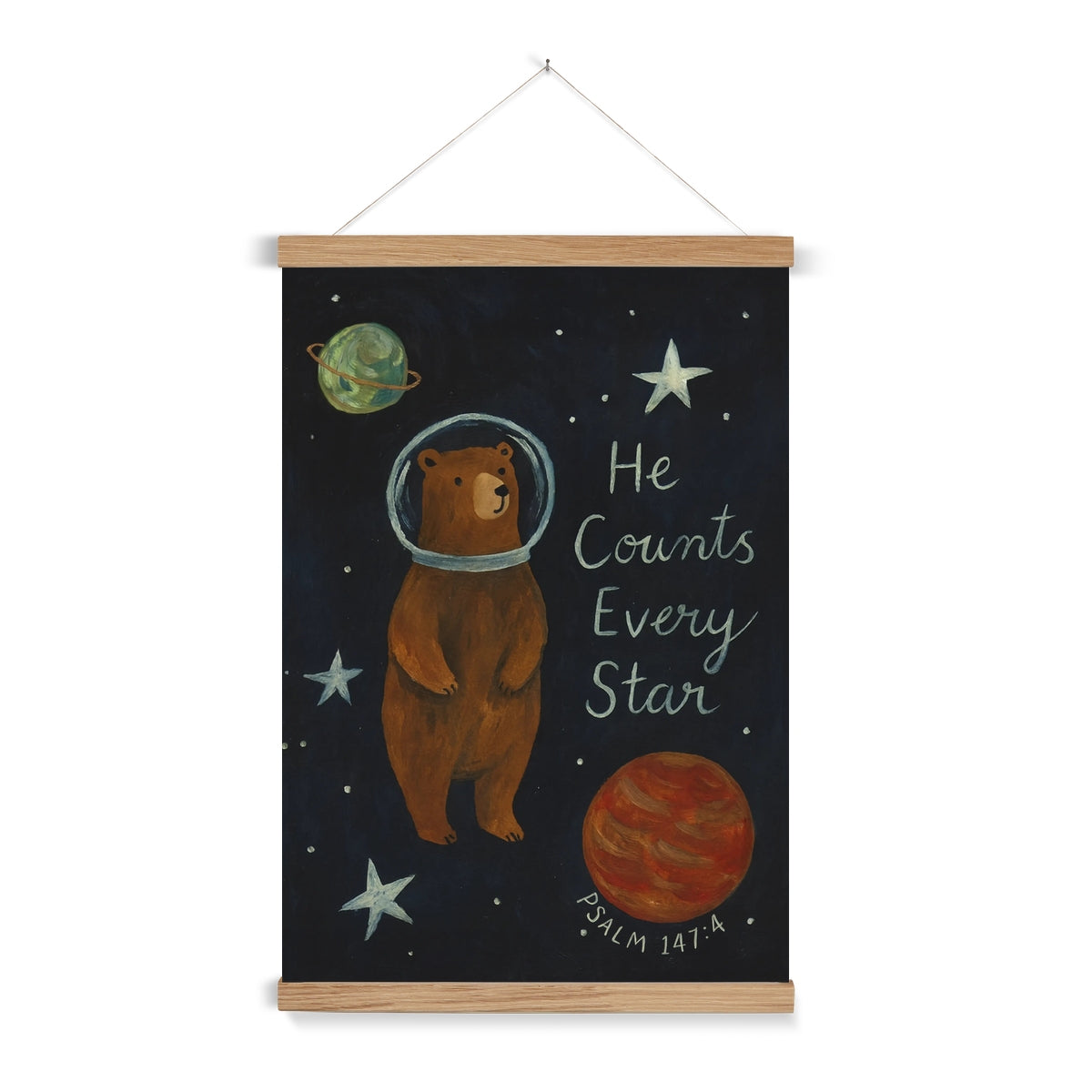 "He Counts Every Star" Astronaut Bear Kids Faith Art Print - Psalm 147:4