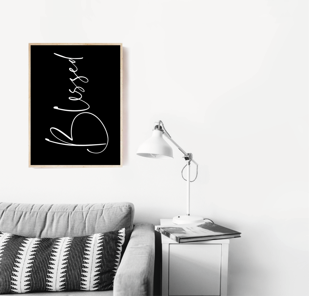 Christian art poster with the word Blessed in a frame. 