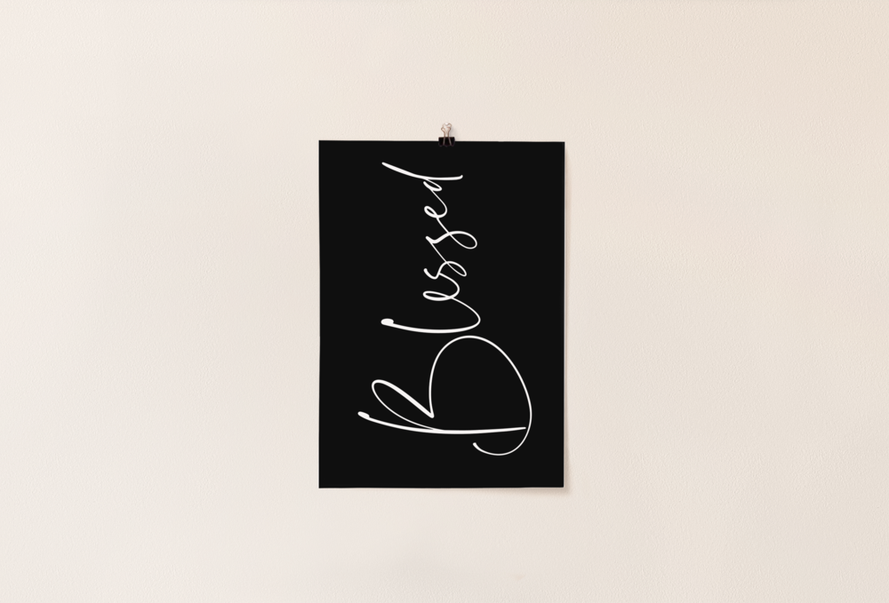 Bible posters with the word blessed written in cursive font. 